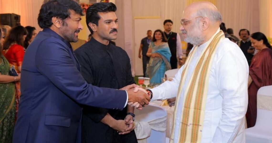PHOTO: Megastar Chiranjeevi and son Ram Charan meet Union Home Minister Amit Shah at Padma Awards event