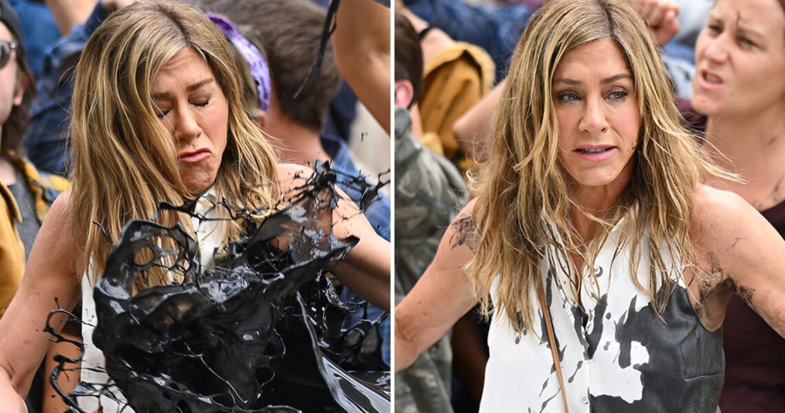 Jennifer Aniston Has Fake Oil Thrown On Her While Filming ‘Morning Show’ Protest Scene