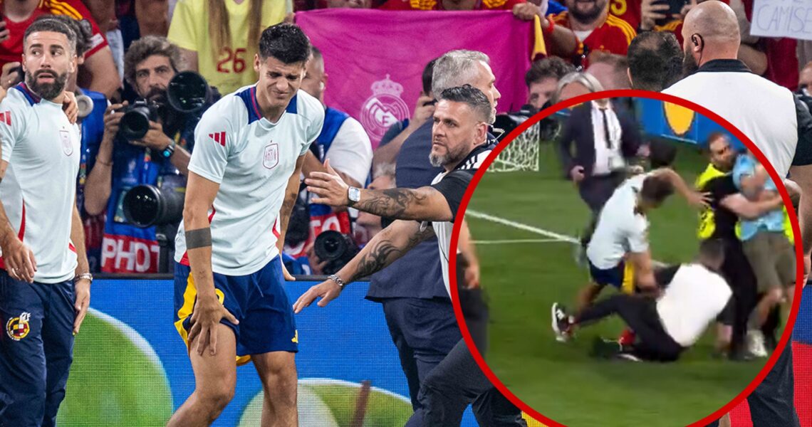 Soccer Star Alvaro Morata Injured By Security Guard During Pitch Invader Chaos