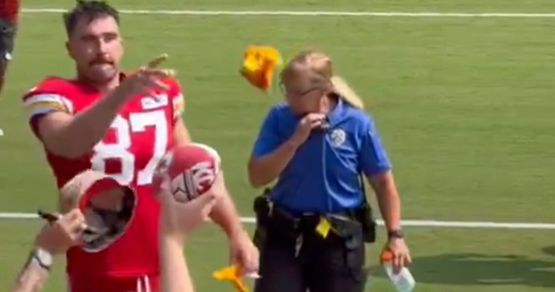 Travis Kelce Tosses Gloves To Taylor Swift Fan At Chiefs’ Training Camp