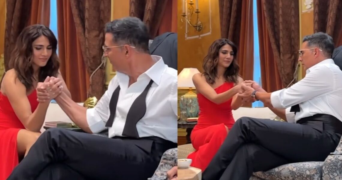 Khel Khel Mein: Akshay Kumar and Vaani Kapoor engage in playful thumb fight and hand wrestling; WATCH to see who wins