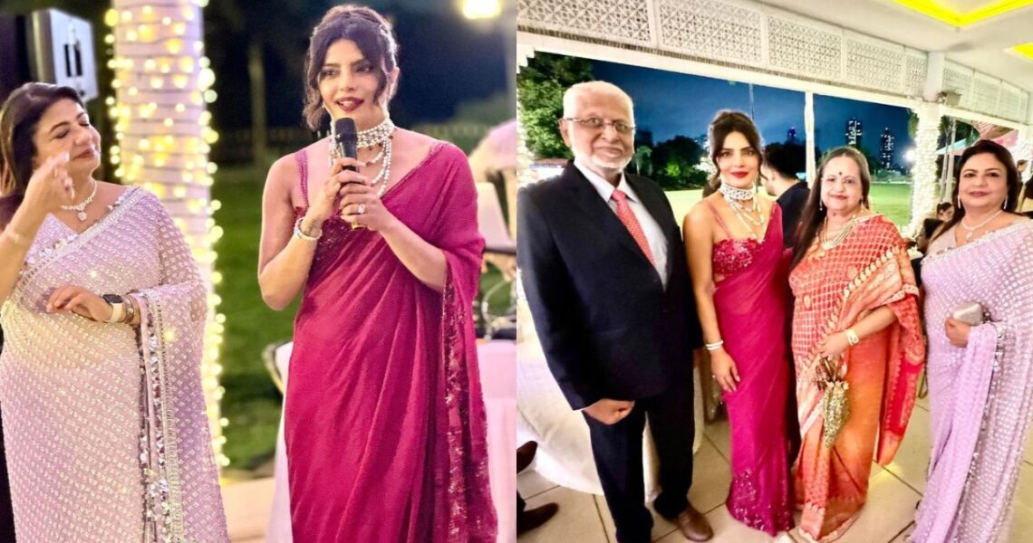 Priyanka Chopra channels her inner desi girl in burgundy saree at brother Siddharth’s wedding festivities; pose with mom and other family in INSIDE pics