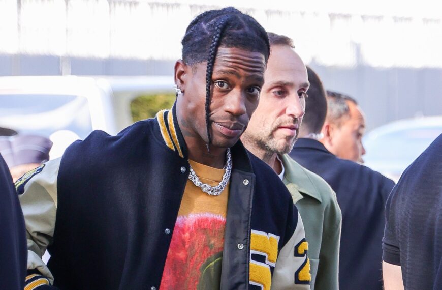 PARIS, FRANCE - AUGUST 8: Travis Scott is seen arriving at the Paris 2024 Olympic basketball semi-final on August 8, 2024 in Paris, France. (Photo by MEGA/GC Images)