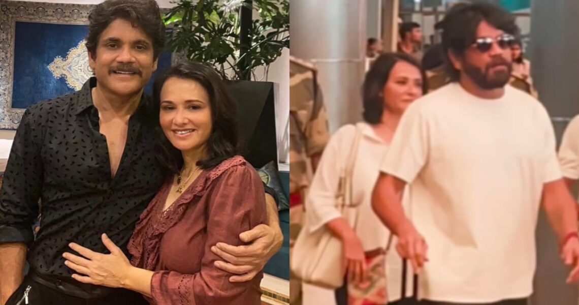 WATCH: Nagarjuna Akkineni twins in white with wife Amala as actor returns to Hyderabad ahead of his 65th birthday