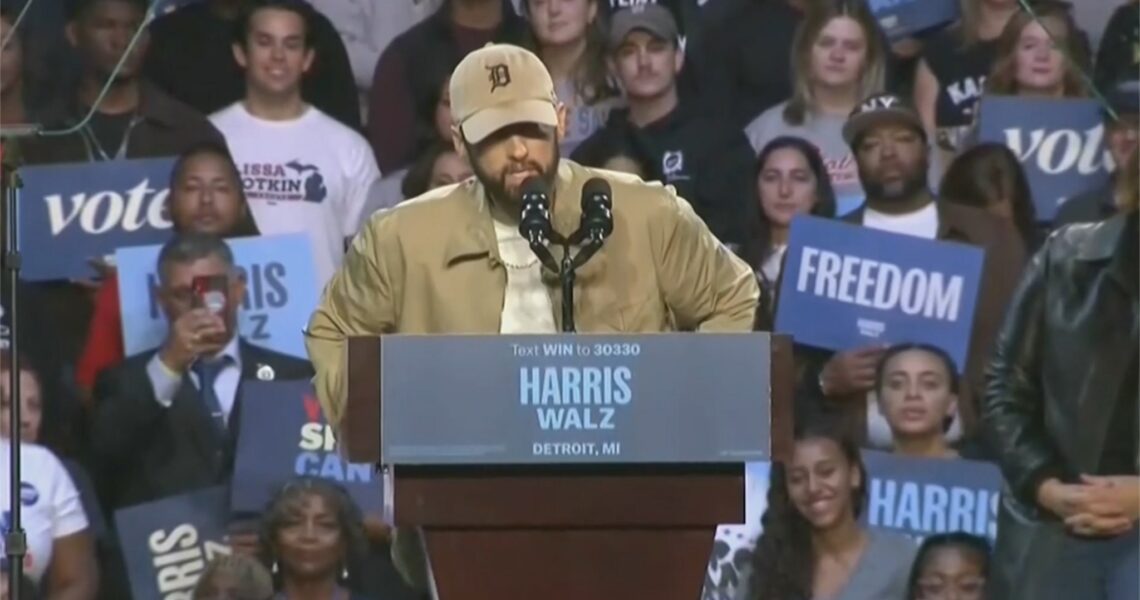 Eminem All Business Introducing Barack Obama at Kamala Harris Rally, Obama Raps