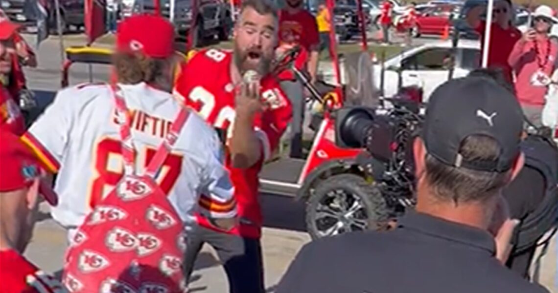 Jason Kelce Learns Beer Can Party Trick From Swiftie At Chiefs Tailgate