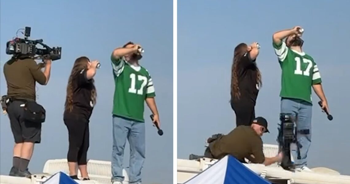 Jason Kelce Pounds Beer On Top of RV, Cameraman Falls Through Ceiling