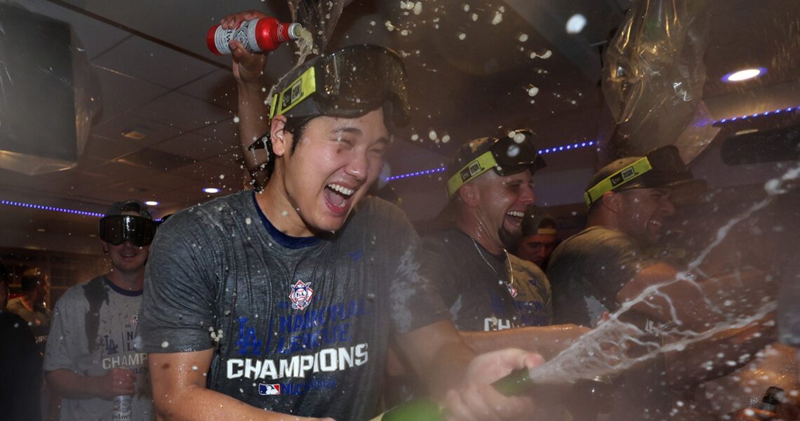 Shohei Ohtani Pounds Beer, Sprays Teammates W/ Champagne After Dodgers Win NLCS